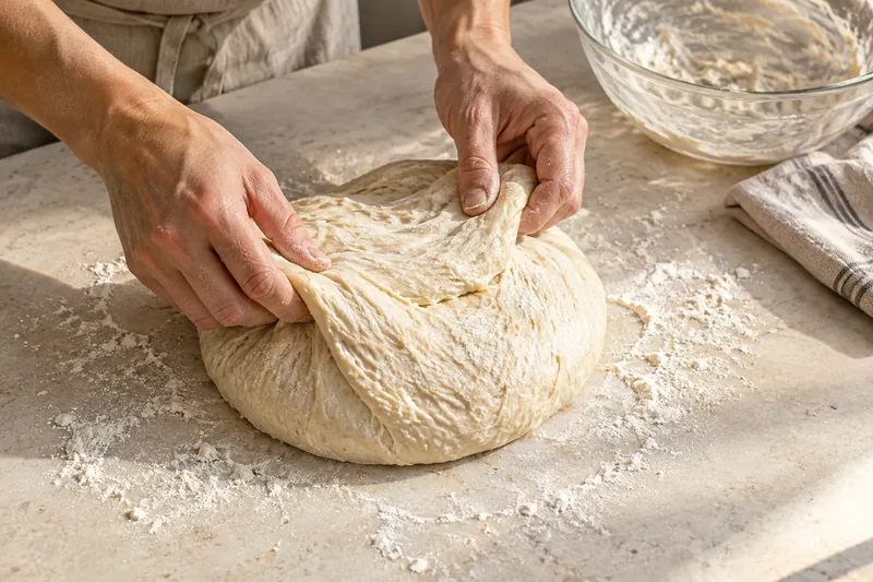 Hands folding sourdough on a lightly floured stone worktop