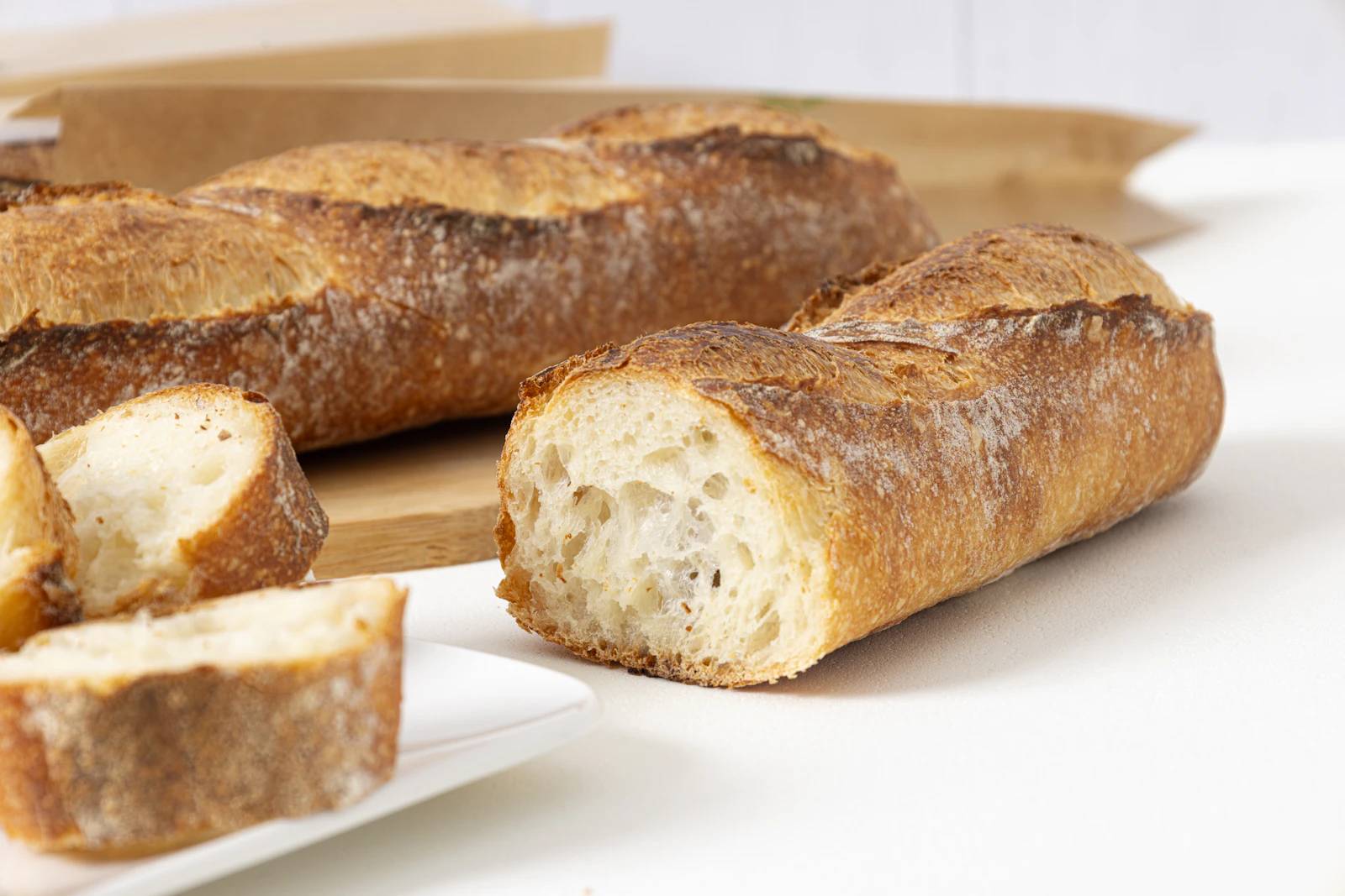 Fresh baguettes on a light table