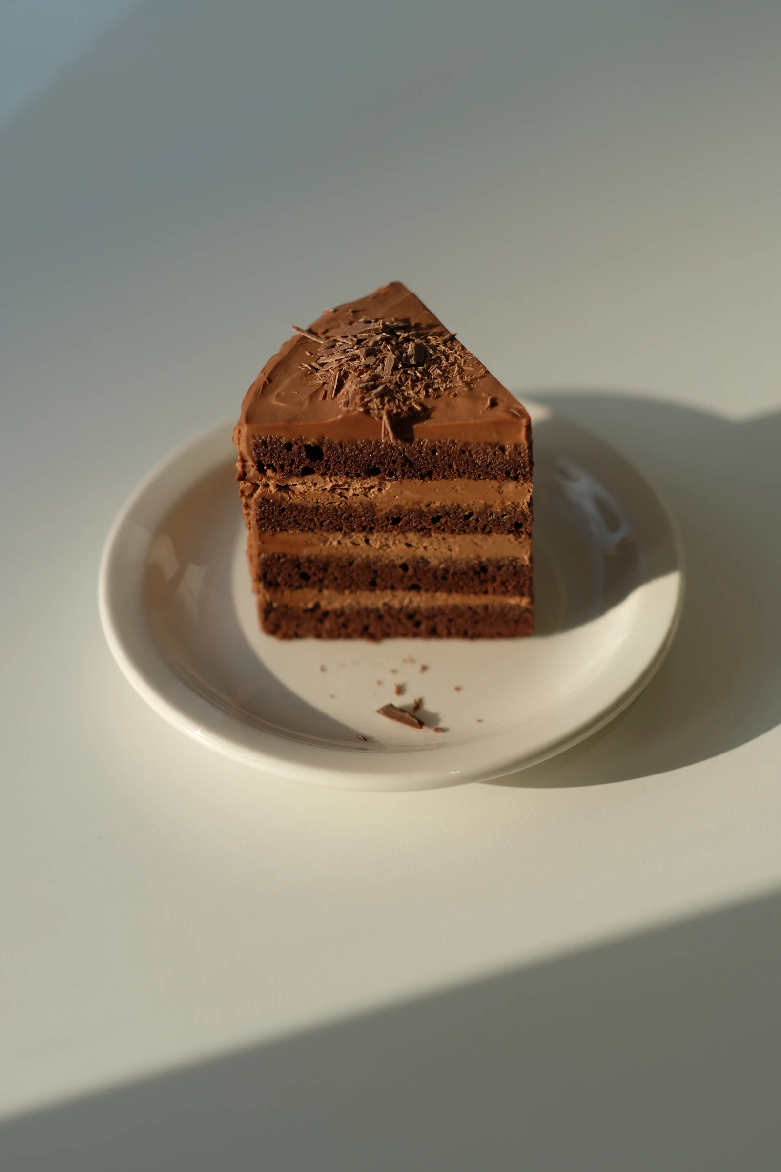 Dark chocolate cake on a white plate