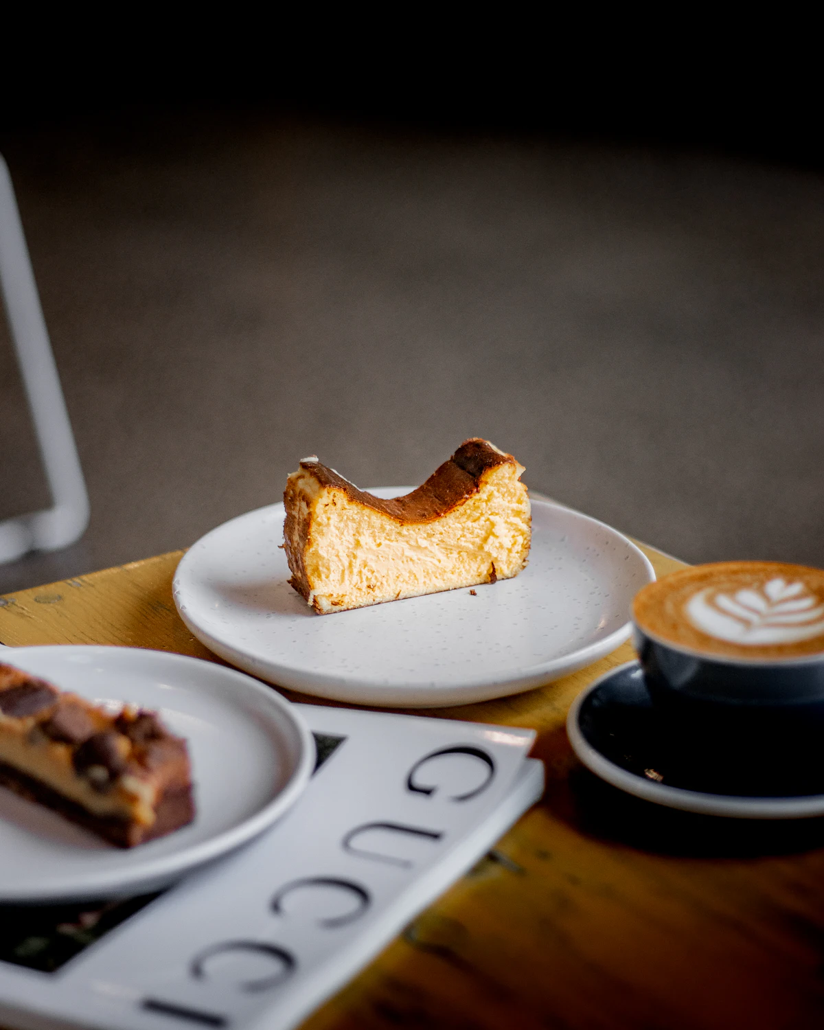 Basque cheesecake shown in an illustrative food photograph
